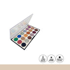 Makeup eyeshadow palette with various colors and features on a white background