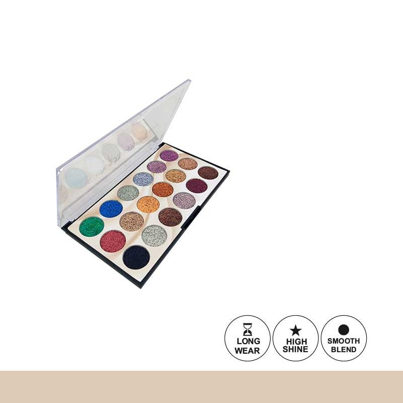 Makeup eyeshadow palette with various colors and features on a white background