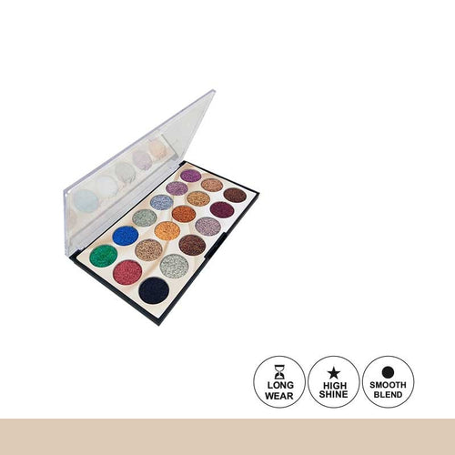 Makeup eyeshadow palette with various colors and features on a white background