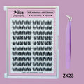 Mica Cosmetic self-adhesive lash clusters with a purple tweezers on a pink background