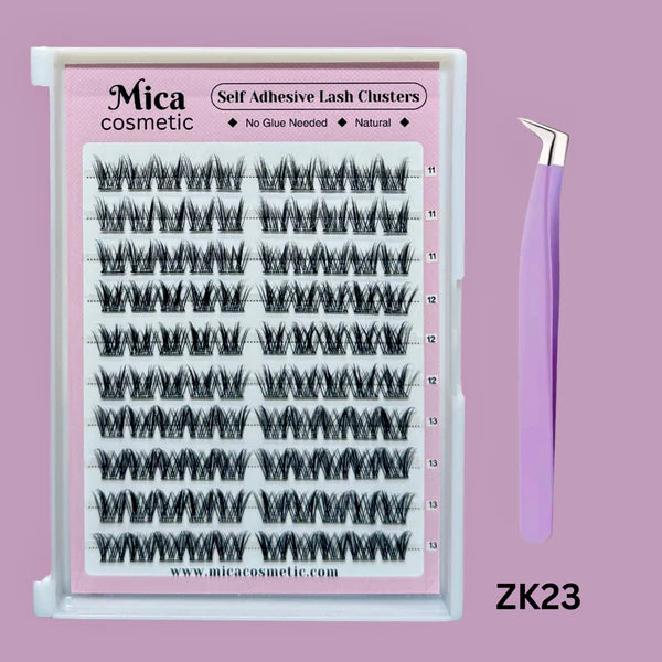 Mica Cosmetic self-adhesive lash clusters with a purple tweezers on a pink background