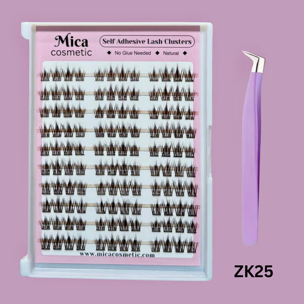 Mica cosmetic self-adhesive lash clusters with a pair of tweezers on a pink background