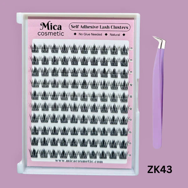 Mica cosmetic self-adhesive lash clusters with a pair of tweezers on a pink background