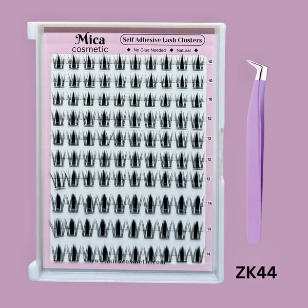 Mica cosmetic self-adhesive lash clusters with a pair of tweezers on a pink background