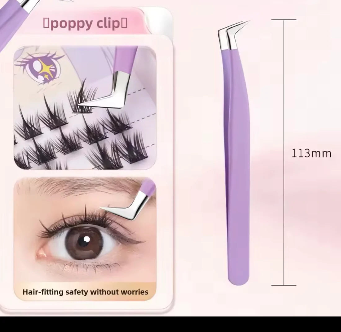 Eyelash extension tool set with tweezers and false eyelashes on a pink background