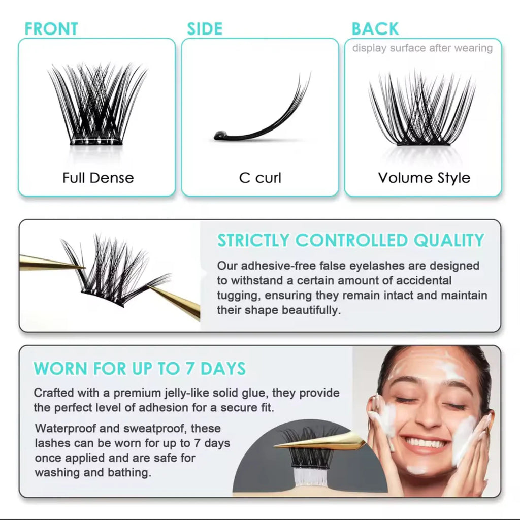 Diagram of false eyelashes showing front, side, and back views with product details.