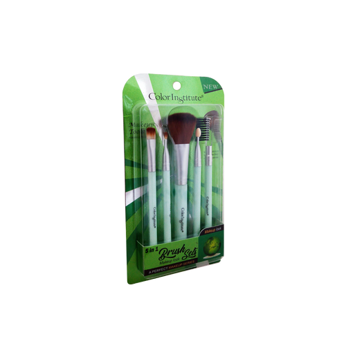 Set of makeup brushes in a green and white packaging on a white background