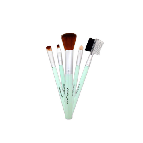 Set of makeup brushes with green handles on a white background