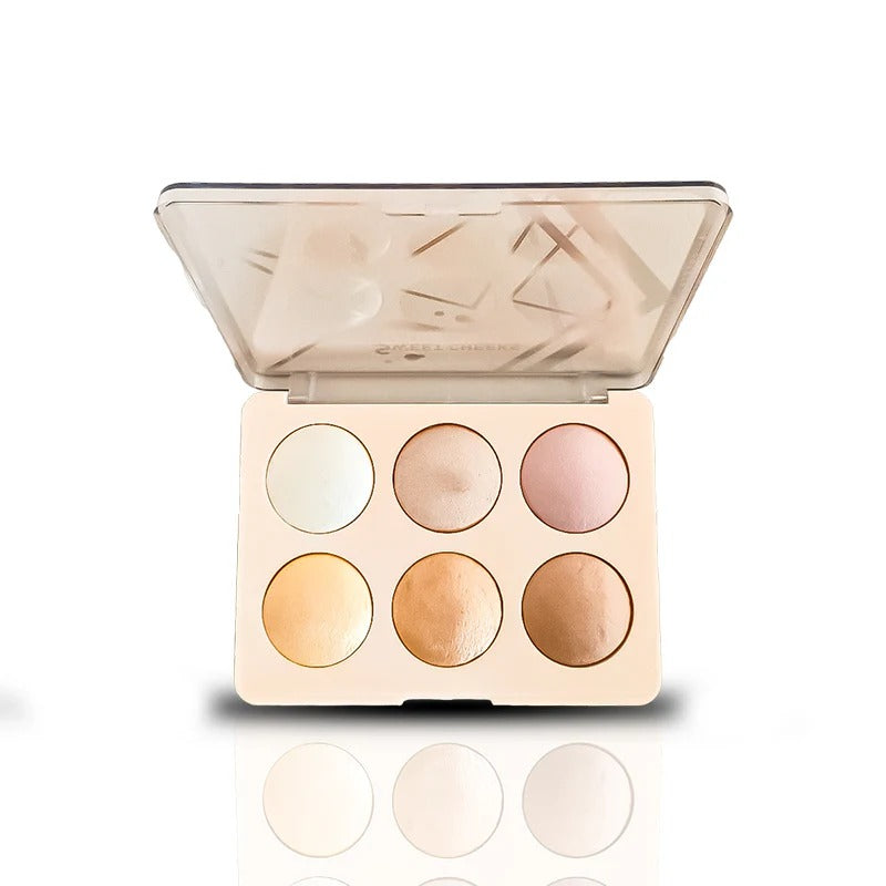 Makeup palette with six circular shades on a white background