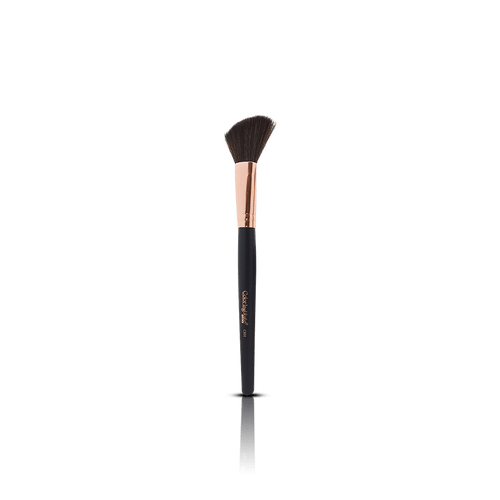 Makeup brush with black handle and rose gold accents on a transparent background