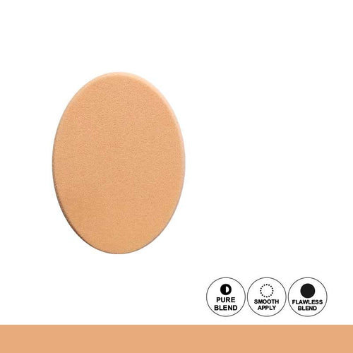 Cosmetic sponge with text 'Pure Blend', 'Smooth Apply', and 'Flawless Blend' on a white background
