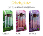 Three packages of Color Institute 5-in-1 brush sets in green, pink, and purple.