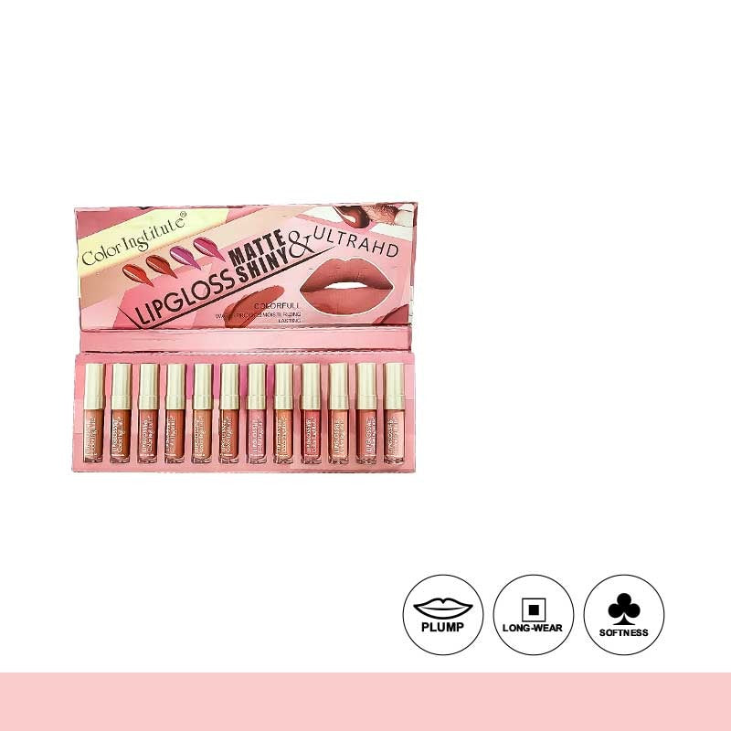 Colorful lip gloss set with open case on a white background