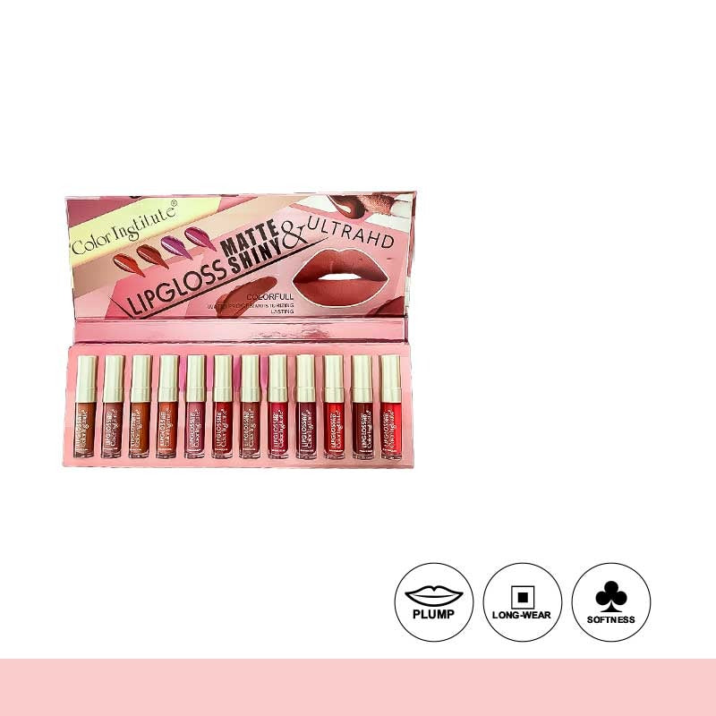 Lip gloss set with open case on a white background
