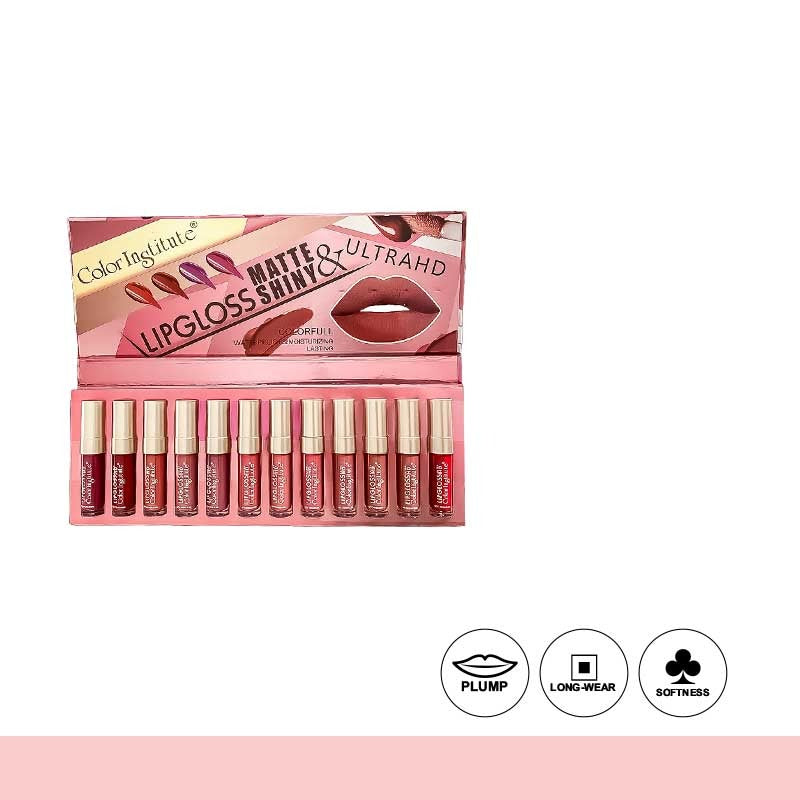 Color Me Matte lipgloss set with packaging on a white background