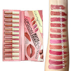 Colorfulill lip gloss set with open case showing lip gloss shades and a swatch on a beige background.