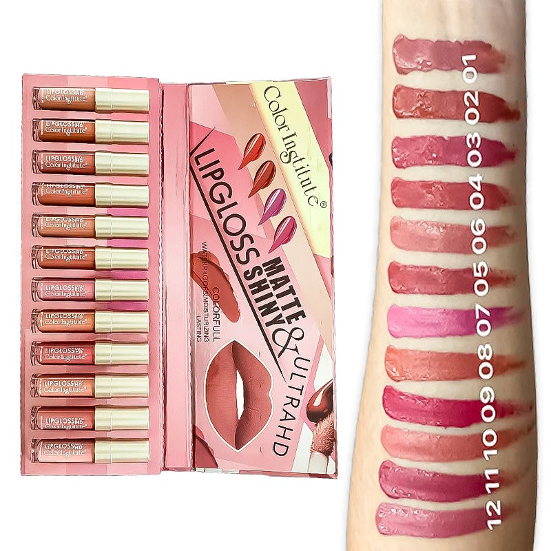 Colorfulill lip gloss set with open case showing lip gloss shades and a swatch on a beige background.