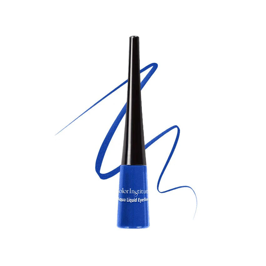 Blue liquid eyeliner with black applicator on a white background