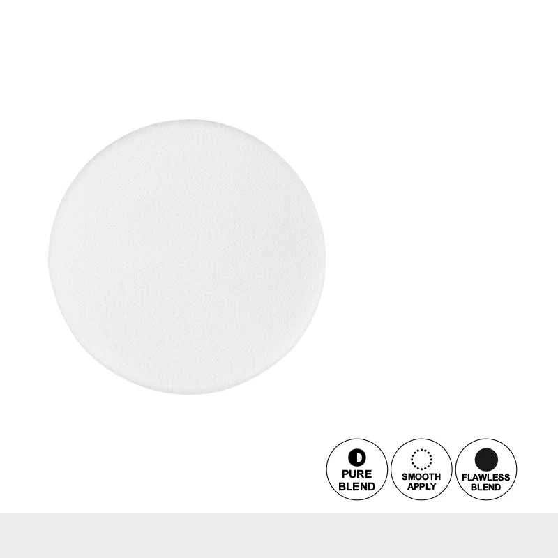 White makeup sponge with icons labeled 'Pure Blend', 'Smooth Apply', and 'Flawless Blend' on a white background.