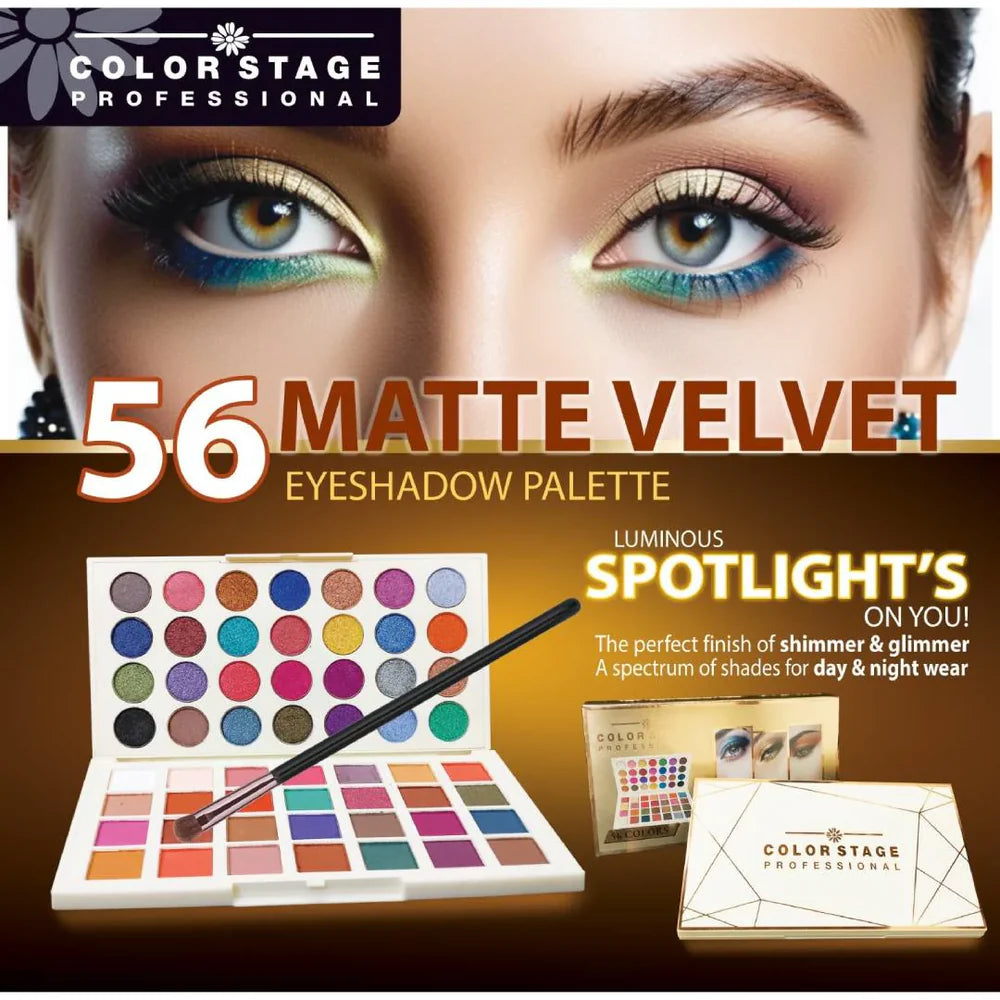 Color Stage Professional 56 Matte Velvet Eyeshadow Palette with open palette and brush on a brown background