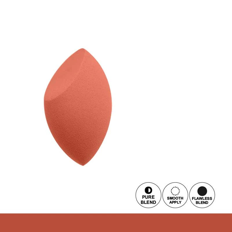 Makeup sponge with brand icons on a white background