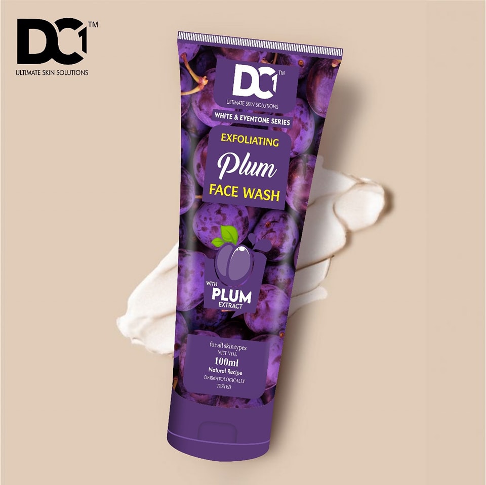 Purple tube of DCI Exfoliating Plum Face Wash on a beige background