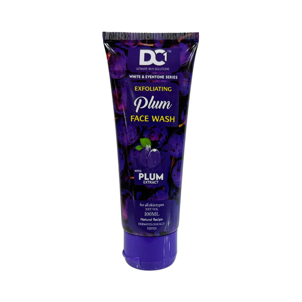 Purple tube of DCI Exfoliating Plum Face Wash on a white background