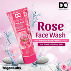 Pink tube of Trigon Labs Rose Face Wash with water droplets and roses on a pink background
