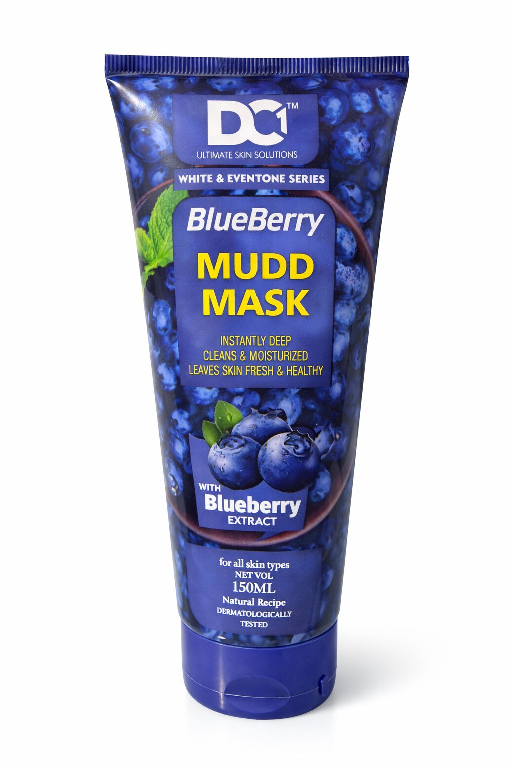 Blueberry mudd mask tube with blueberry extract on a white background