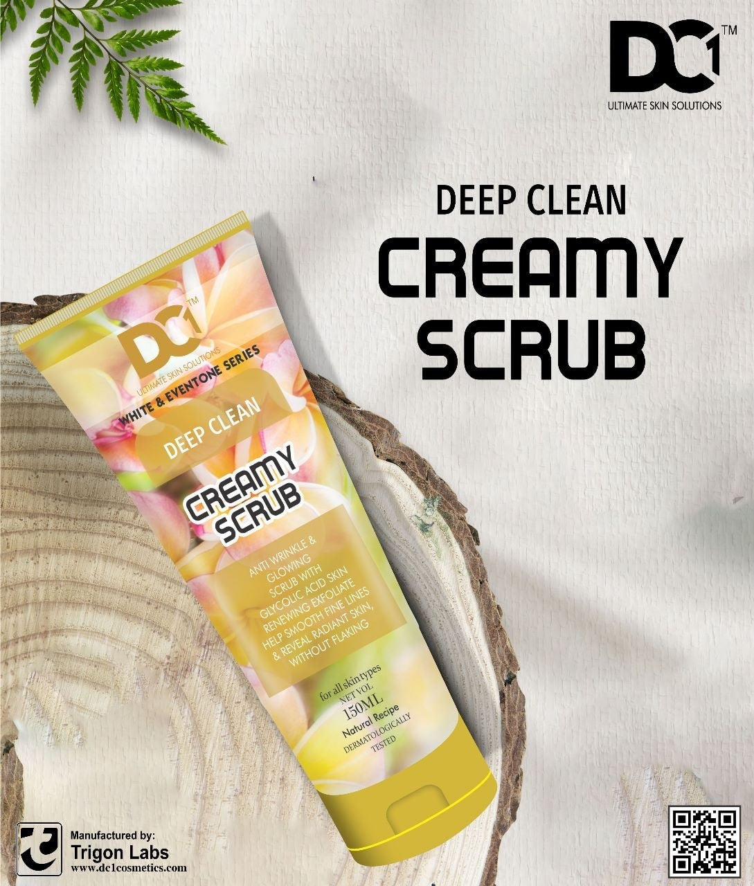 DC1 Deep Clean Creamy Scrub packaging on a natural wood background with leaves.