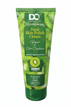 Green tube of facial skin polish cream with kiwi fruit design on a white background