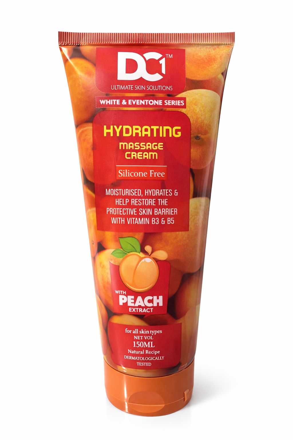 Tube of DC1 Hydrating Massage Cream with Peach Extract on a white background