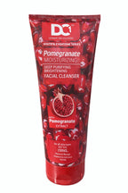 Red facial cleanser tube with pomegranate design on a white background