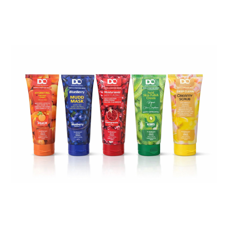 Five DC skincare products with colorful packaging on a white background