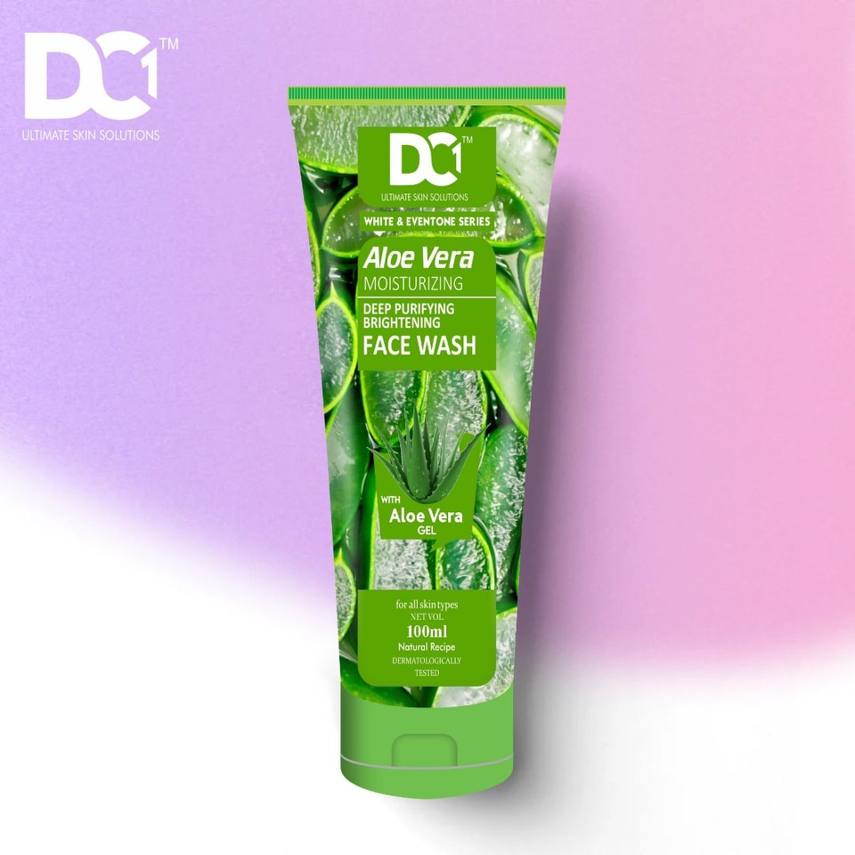 Green tube of Aloe Vera Face Wash with DC1 logo on a gradient background