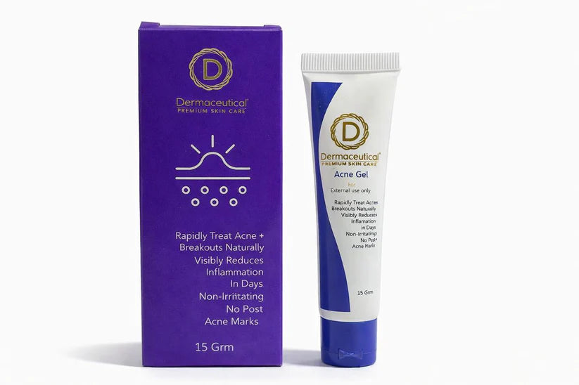 Dermaceutical acne gel packaging and tube on a white background
