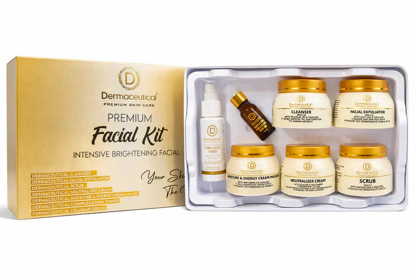 Dermaceutical Premium Skin Care Facial Kit with various skincare products and packaging.