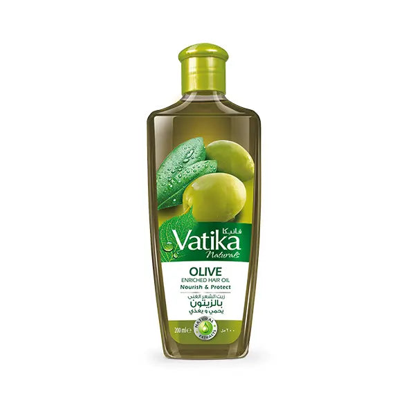 Vatika olive enriched hair oil bottle on a white background