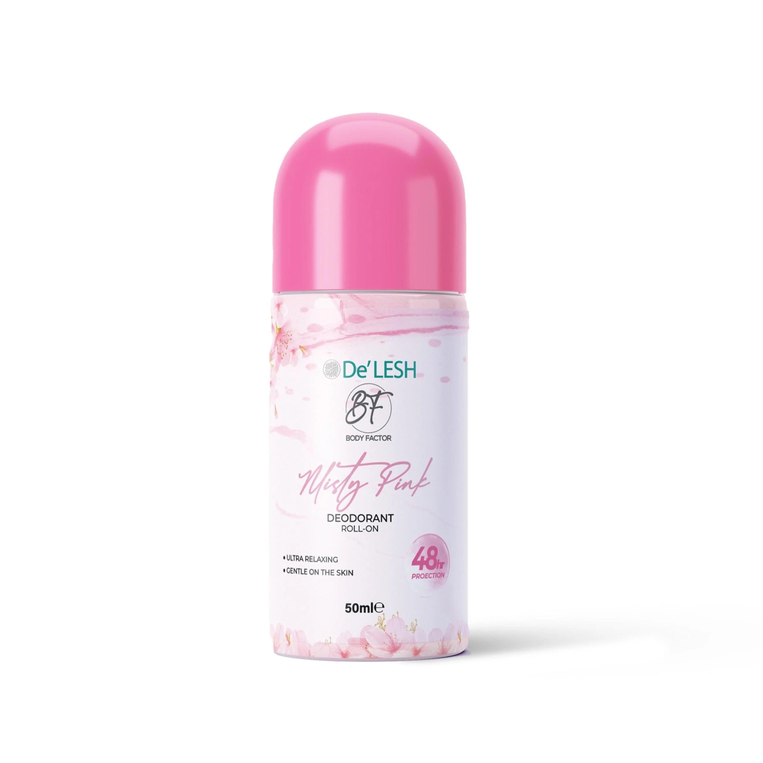 De'Lesh Body Factor mity Pink deodorant roll-on on a white background