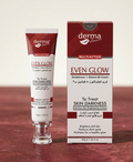 Derma Clean Even Glow cream tube and packaging on a red background