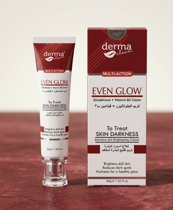 Derma Clean Even Glow cream tube and packaging on a red background