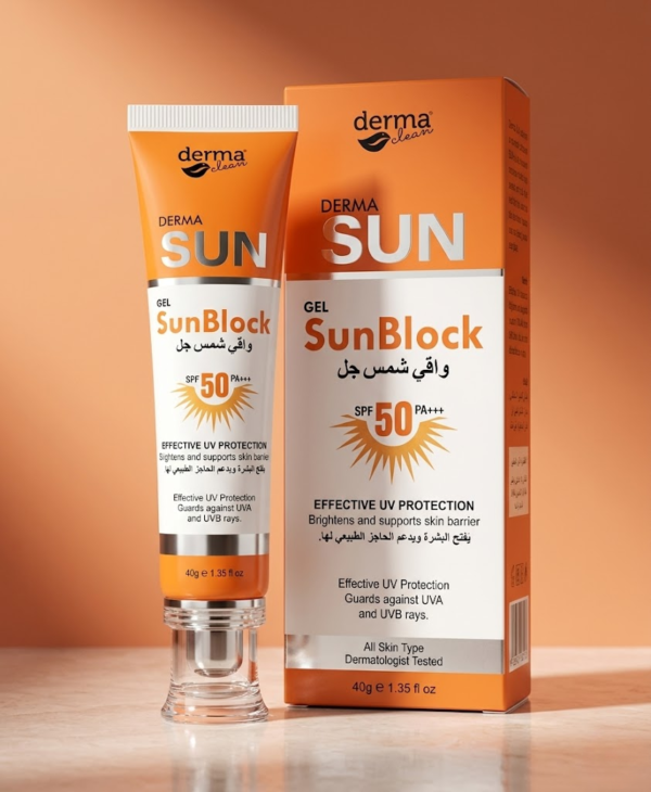 Sunblock gel with packaging on a wooden surface and orange background