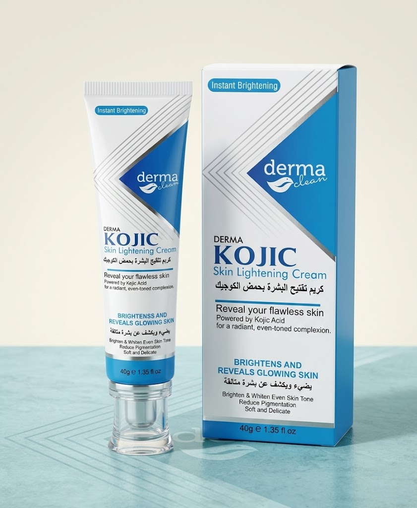Derma Clean Kojic Skin Lightening Cream tube and packaging on a light blue surface.
