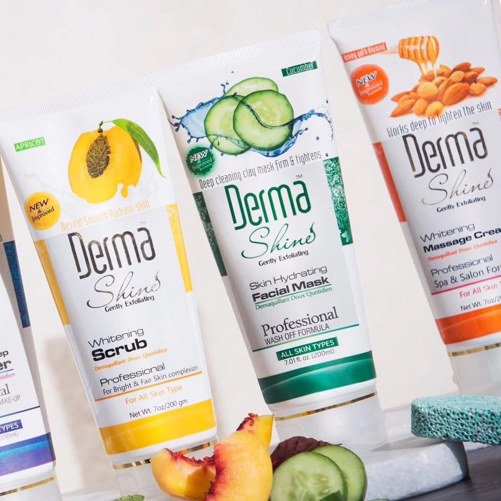 Collection of Derma brand skincare products with packaging featuring fruits and vegetables.