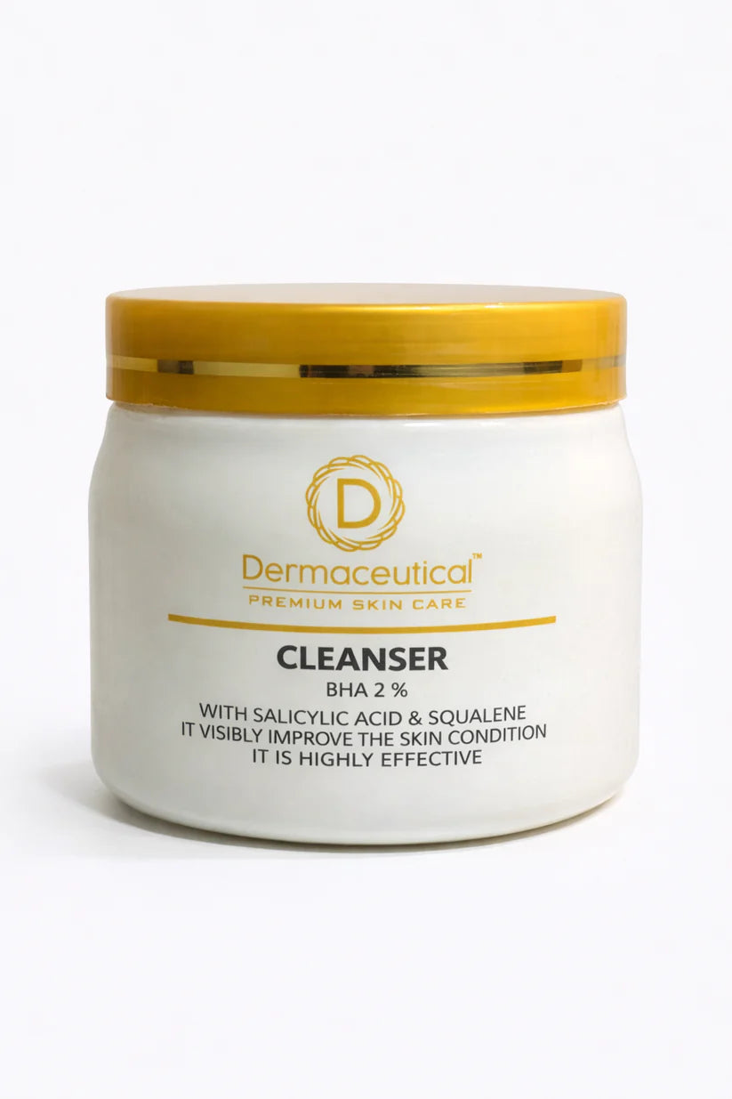 White jar of Dermaceutical cleanser with gold lid on a white background