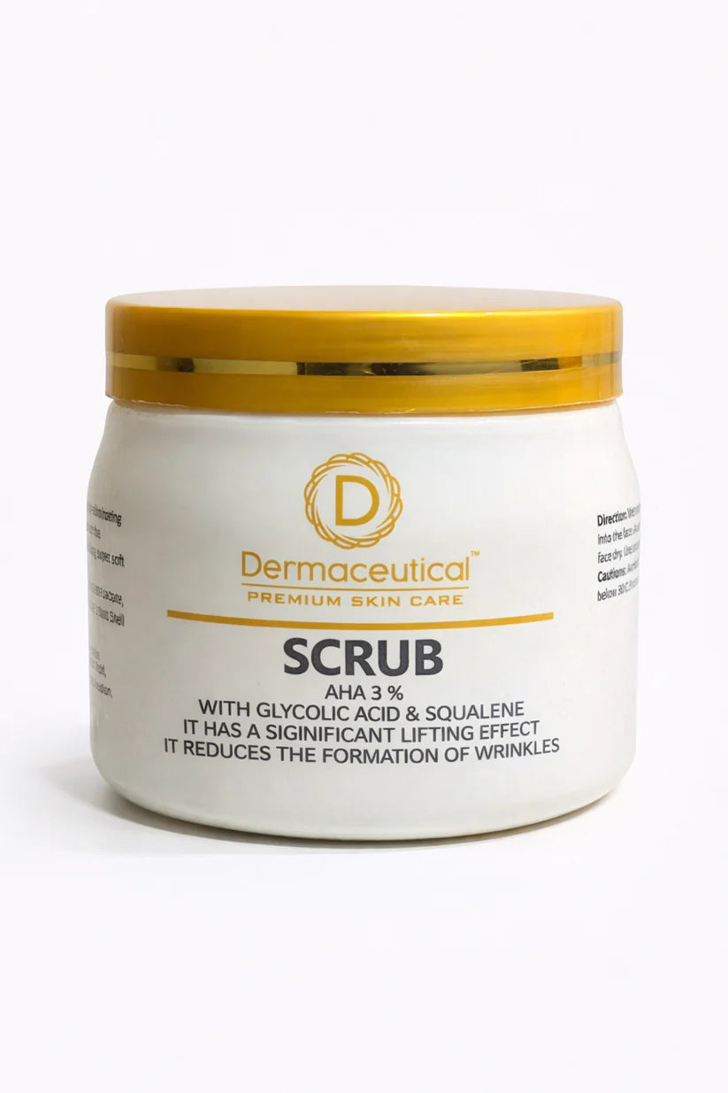 Jar of Dermaceutical scrub with gold lid on a white background