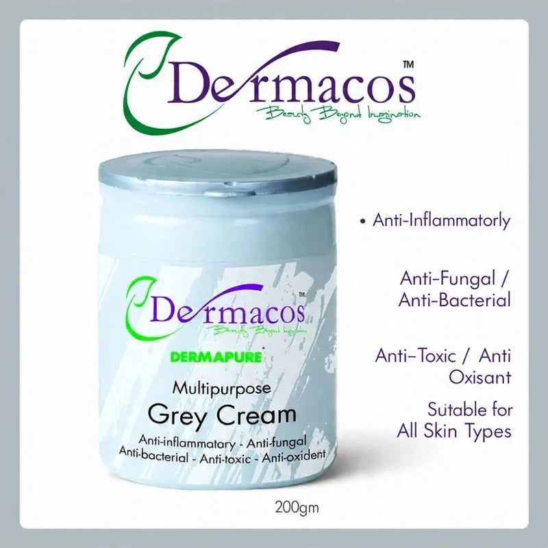 Dermacos multipurpose grey cream jar with branding and product details on a white background