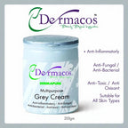 Dermacos multipurpose grey cream jar with branding and product details on a white background