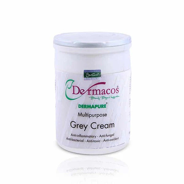 White jar of Dermacos Dermapure Grey Cream on a white background