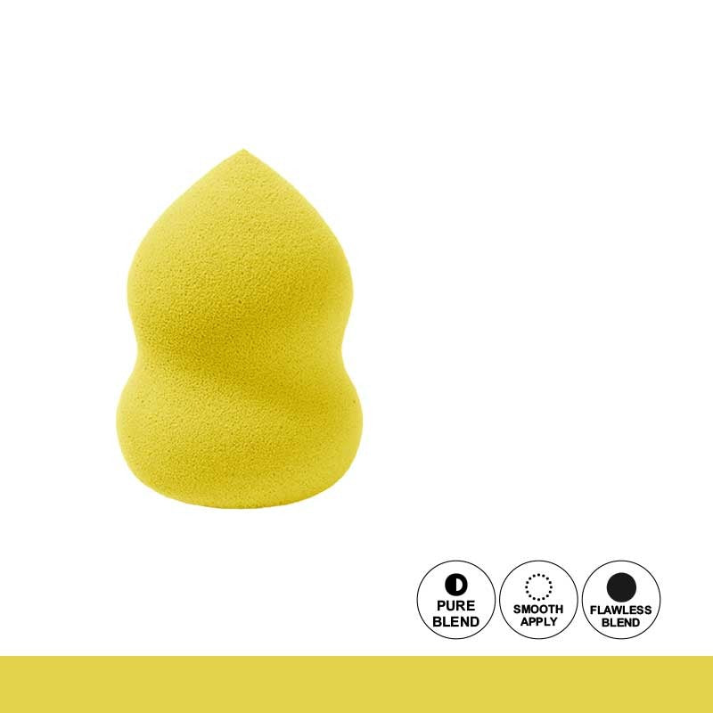 Yellow makeup sponge with icons labeled 'Pure Blend', 'Smooth Apply', and 'Flawless Blend' on a white background.